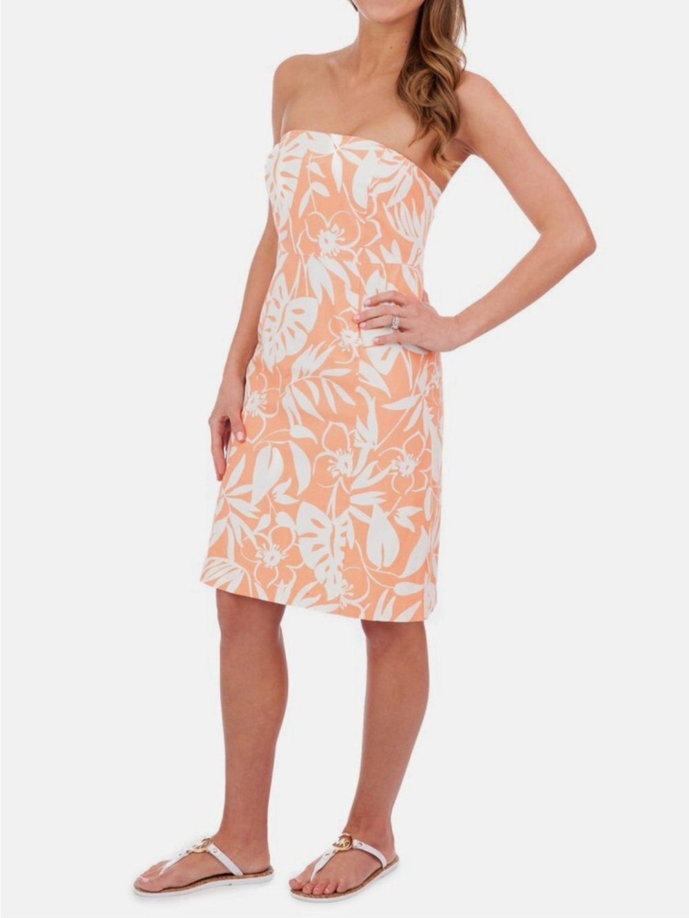 Vineyard Vines Peach and White Strapless Floral Dress Size 2